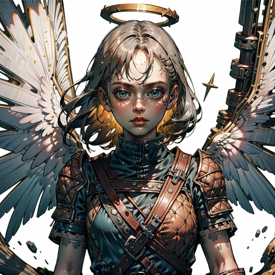 1girl,solo,blond hair,armor,belt,looking at viewer,(sunlight),(angel),dynamic angle, floating, wing, halo, floating white silk,(Holy Light),silver stars,Highly detailed,(ultra-detailed),(best quality,masterpiece:1.5),<lora:The Elder Scrolls V Skyrim-Stormcloak Armor:0.7>,