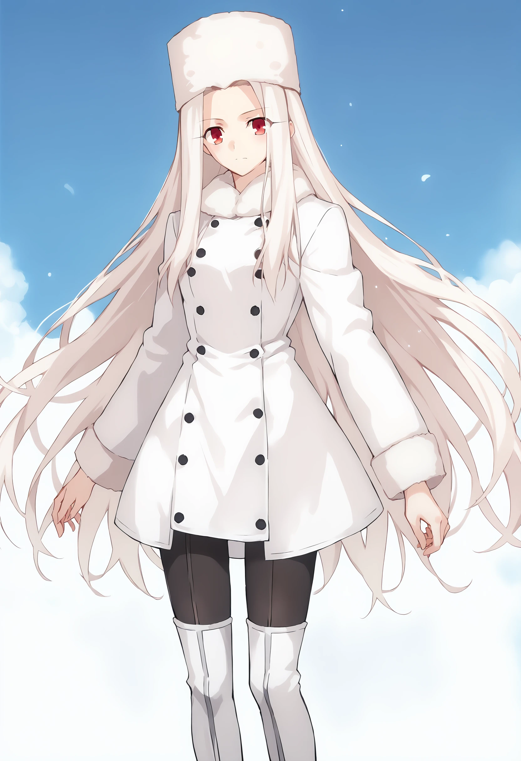 score_9, score_8_up, score_7_up, source_anime,   <lora:Irisviel von Einzbern pony:1> , irisviel von einzbern,  1girl, solo, thigh boots, boots, hat, red eyes, thighhighs, long hair, white hair, fur hat, white footwear, pantyhose, coat