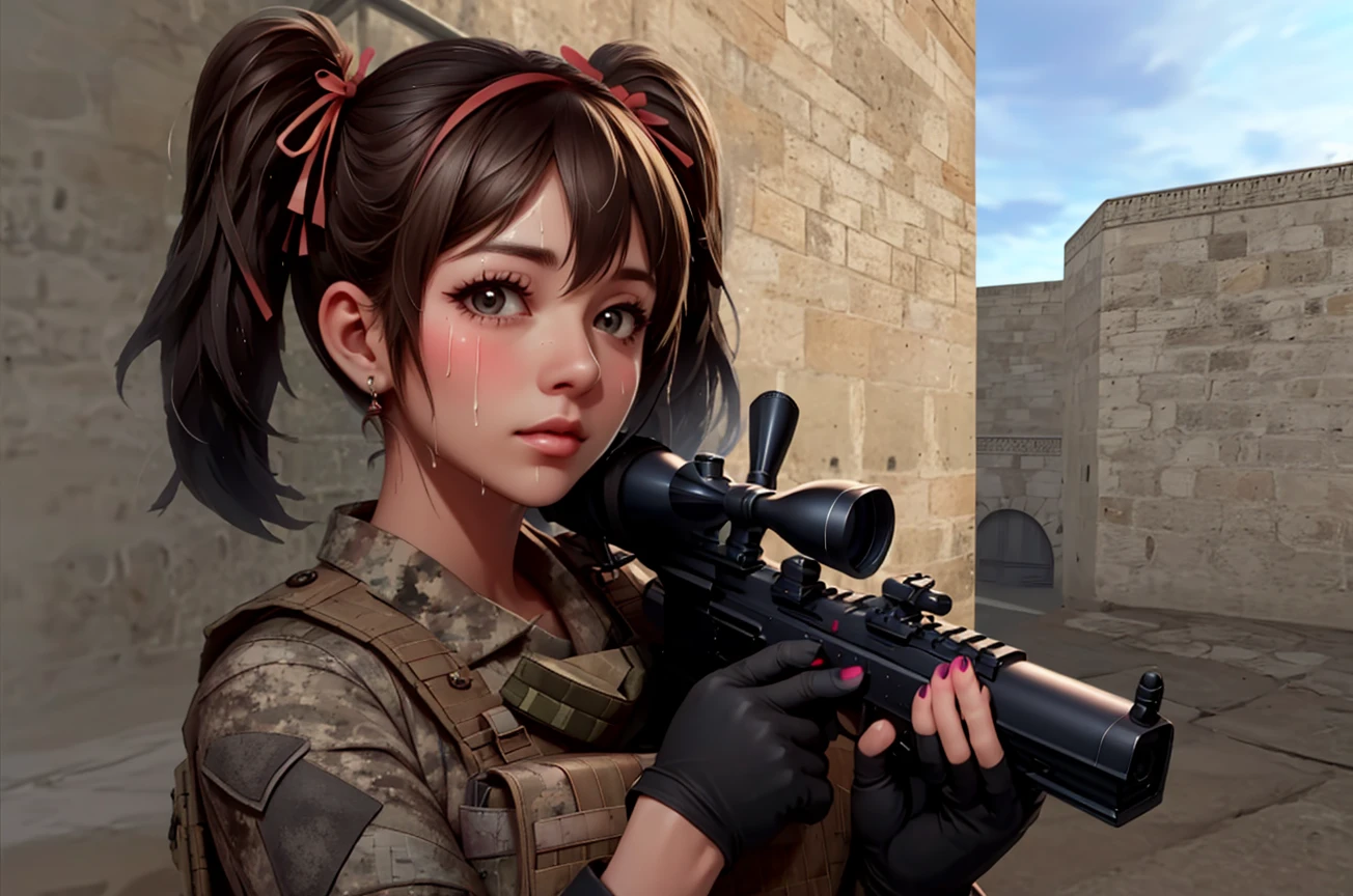 ((close-up)), ((de_dust2)), counter strike, holding handgun, sniper rifle, 1girl, anti-terror uniform, camouflage, gloves, parted lips, sweat, lunge, nail polish, twintails, ribbon, sky, door, slope, alley, rooftop, outdoors, wooden box, facing viewer, <lora:girlhatede_dust2:0.9>, <lora:GAME_CounterStrikeOnline_Yuri_ownwaifu:0.6>