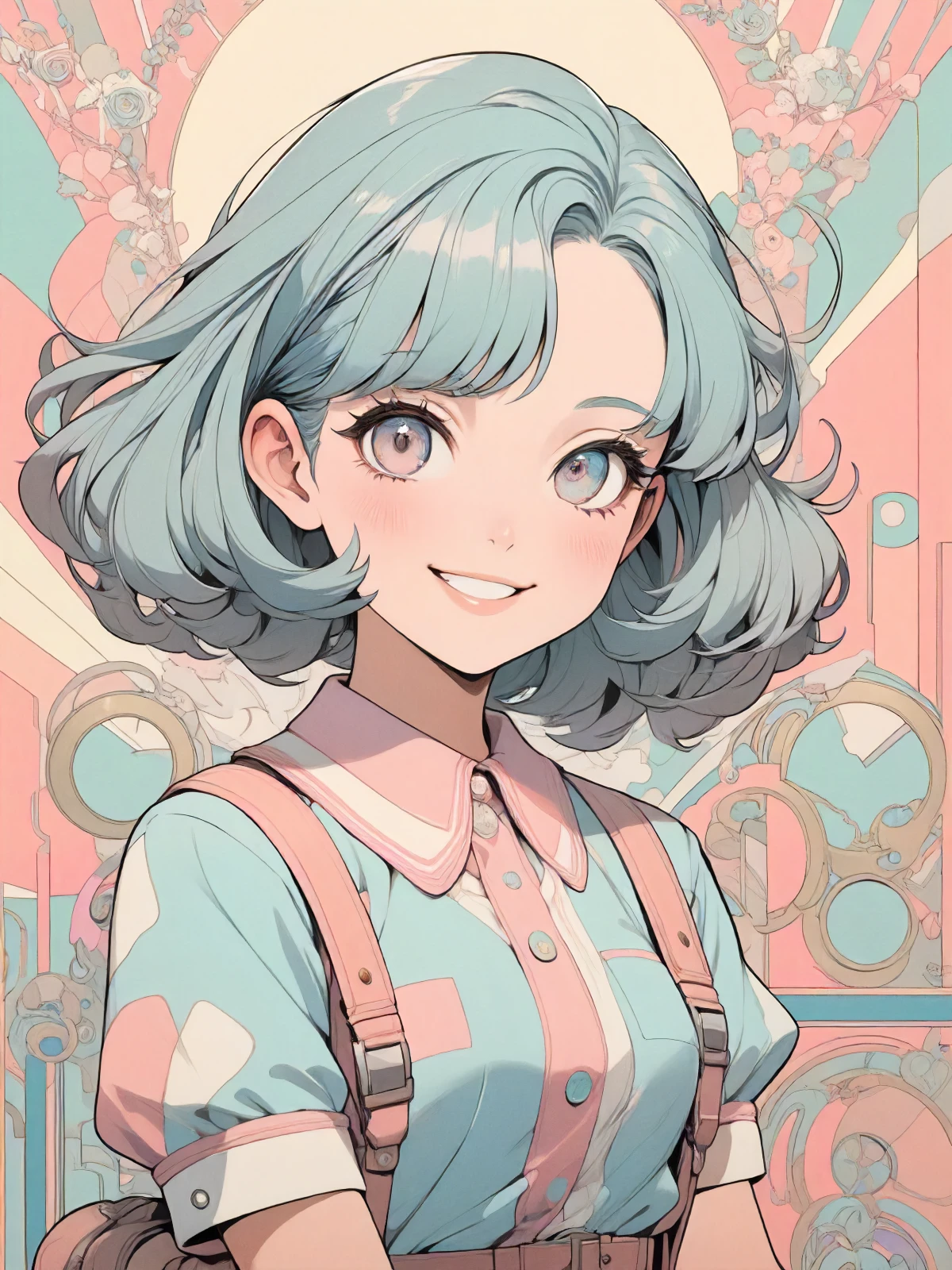 Masterpiece, New retrospective style, official style, award-winning work, bold lines, pastel colors, muted colors, fine detail, nostalgic design, Pure image, manga style, 1girl, smile,