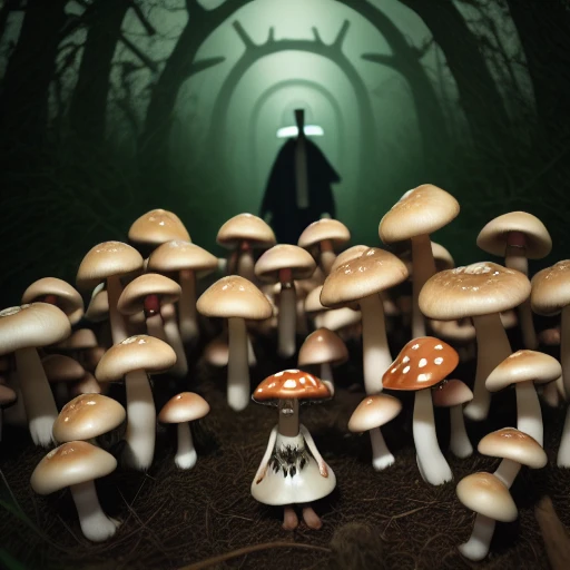 the mushroom cult, a group of mushroom people at a sacrifice