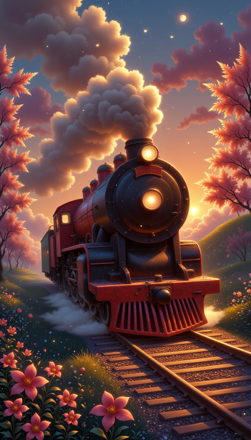 glitters, glowing hearts,a train speeding on railroad tracks, industrial, powerful engine, billowing smoke, vibrant colors, sunset glow																						