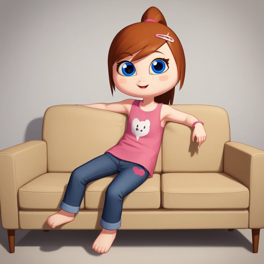 score_8_up, BREAK, IlonaMitrecey, 1girl, solo, brown hair, ponytail, blue eyes, pink shirt, black  pants, on couch,  <lora:IlonaMitrecey_PXL_Leaf1:1>,