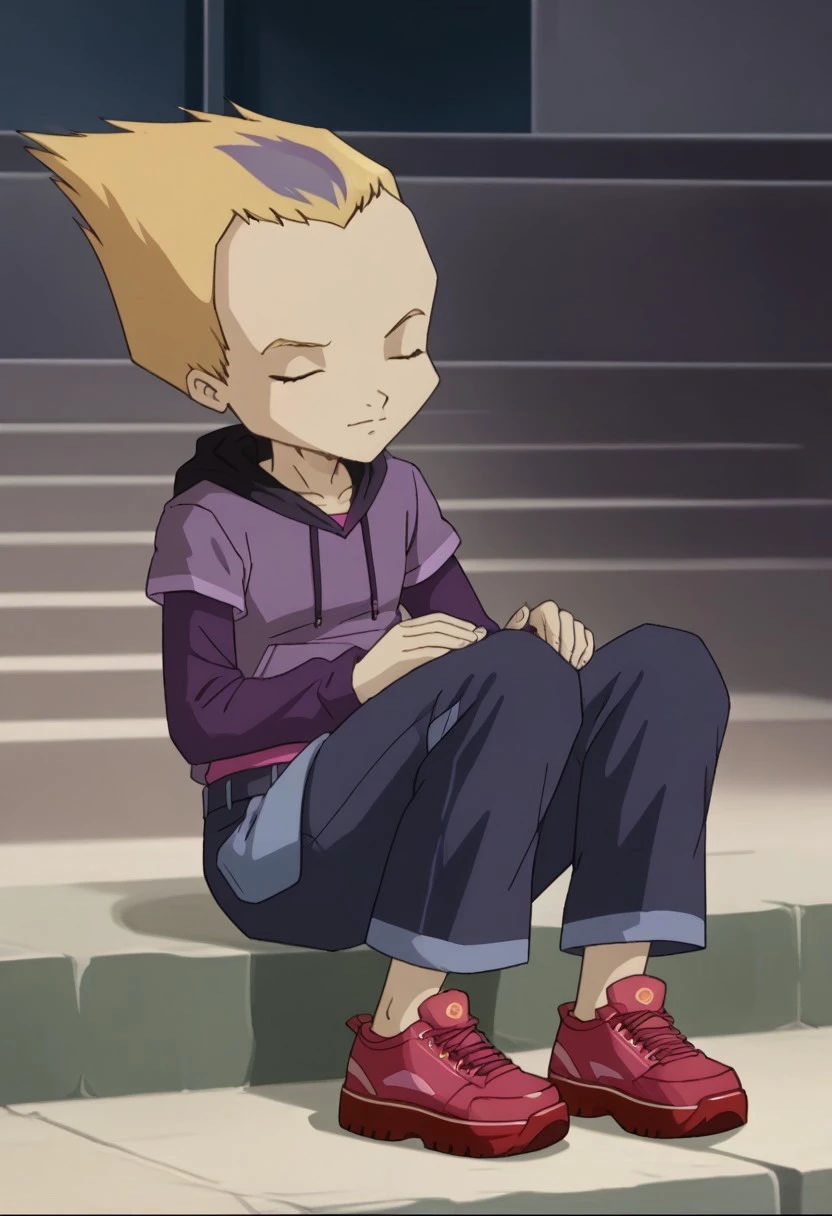 score_9, score_8_up, score_7_up, source_anime, rating_safe, RobbiaCL, yellow-purple_Robbia_hair, closed eyes, 1boy, male focus, anime screencap, black-purple_Robbia_hoodie, pink_Robbia_shirt, dark blue_Robbia_pants, red_Robbia_shoes, sitting,