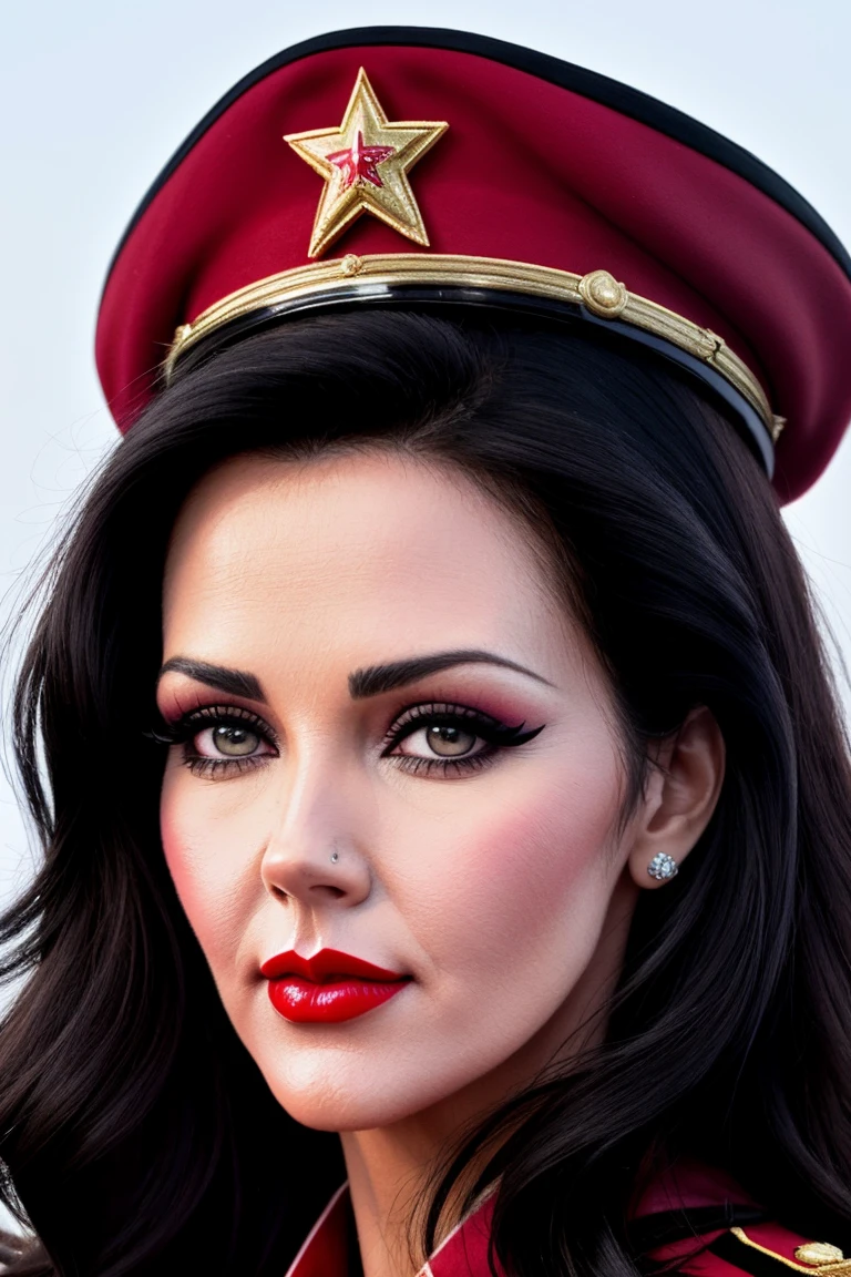 lyndac-192, masterpiece, best quality, ((detailed eyes, detailed face):1.2), ((red lipstick, blush)), closeup, portrait, , photo of a woman, military uniform, military medals, cape, ((heavy eye shadow, heavy eyeliner, goth makeup)), military parade, outdoors, serious