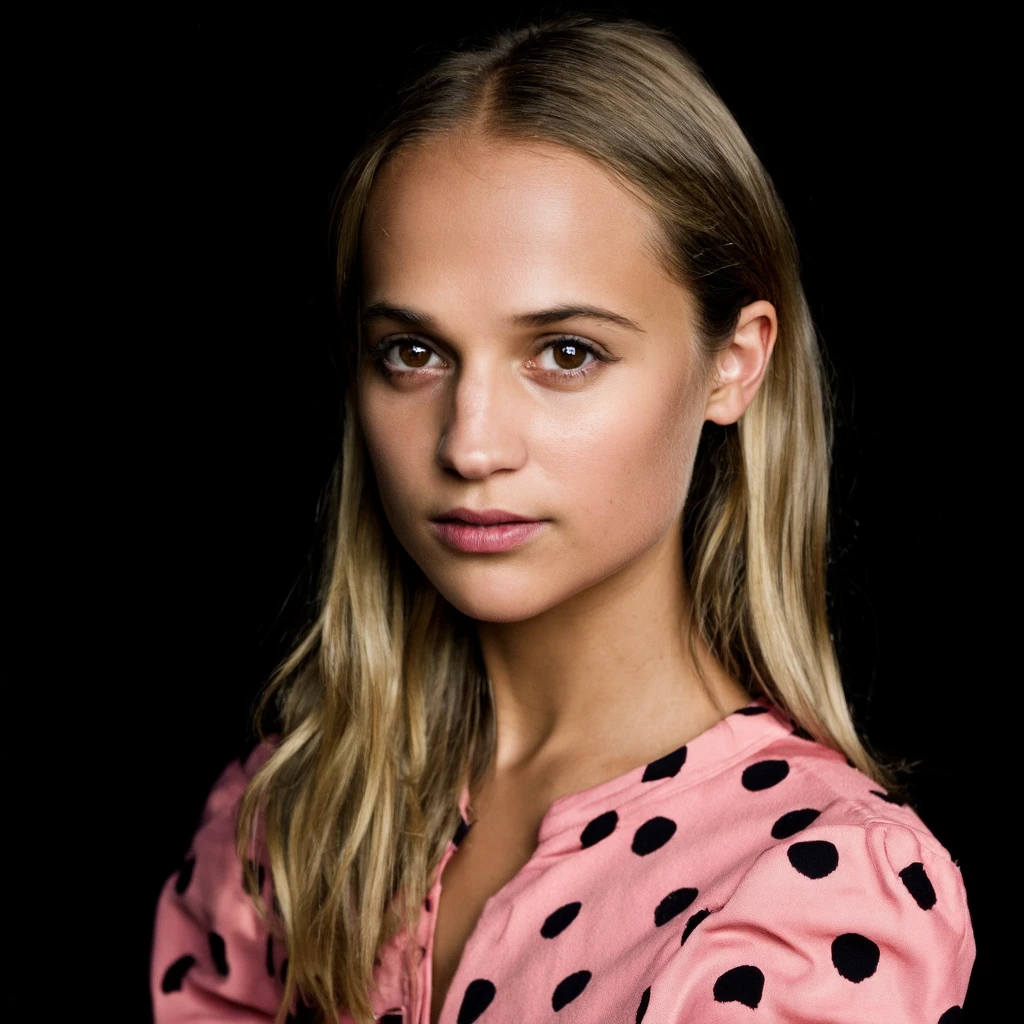 A portrait of alicia_vikander with long, straight blonde hair and striking brown eyes. She wears a pink blouse with black polka dots. The dark background contrasts with her pale complexion, highlighting her features. Soft lighting casts a gentle glow on her face and highlighting her facial features without harsh shadows. The image conveys a serene and contemplative mood. <lora:AliciaVikander_F1D:1>