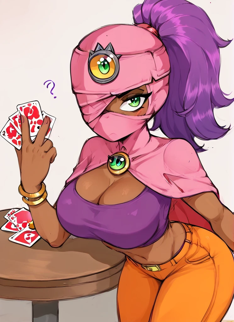 score_9, score_8_up, score_7_up,  bstara,  Third Eye, purple hair, ponytail, dark skin, dark-skinned female, mask, one-eyed, cape, bracelet, crop top, purple shirt, orange pants, 1girl, solo, long hair, breasts, large breasts, jewelry, green eyes, card, <lora:bstara:1> <lora:Aer0Zer0_Artist_Style:1> , blush  , blush stickers,  confused,  looking at viewer, behind table