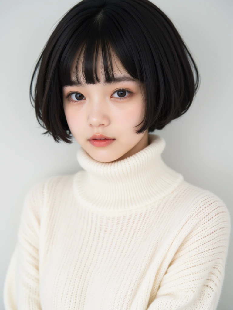 girl,white sweater,short black hair,