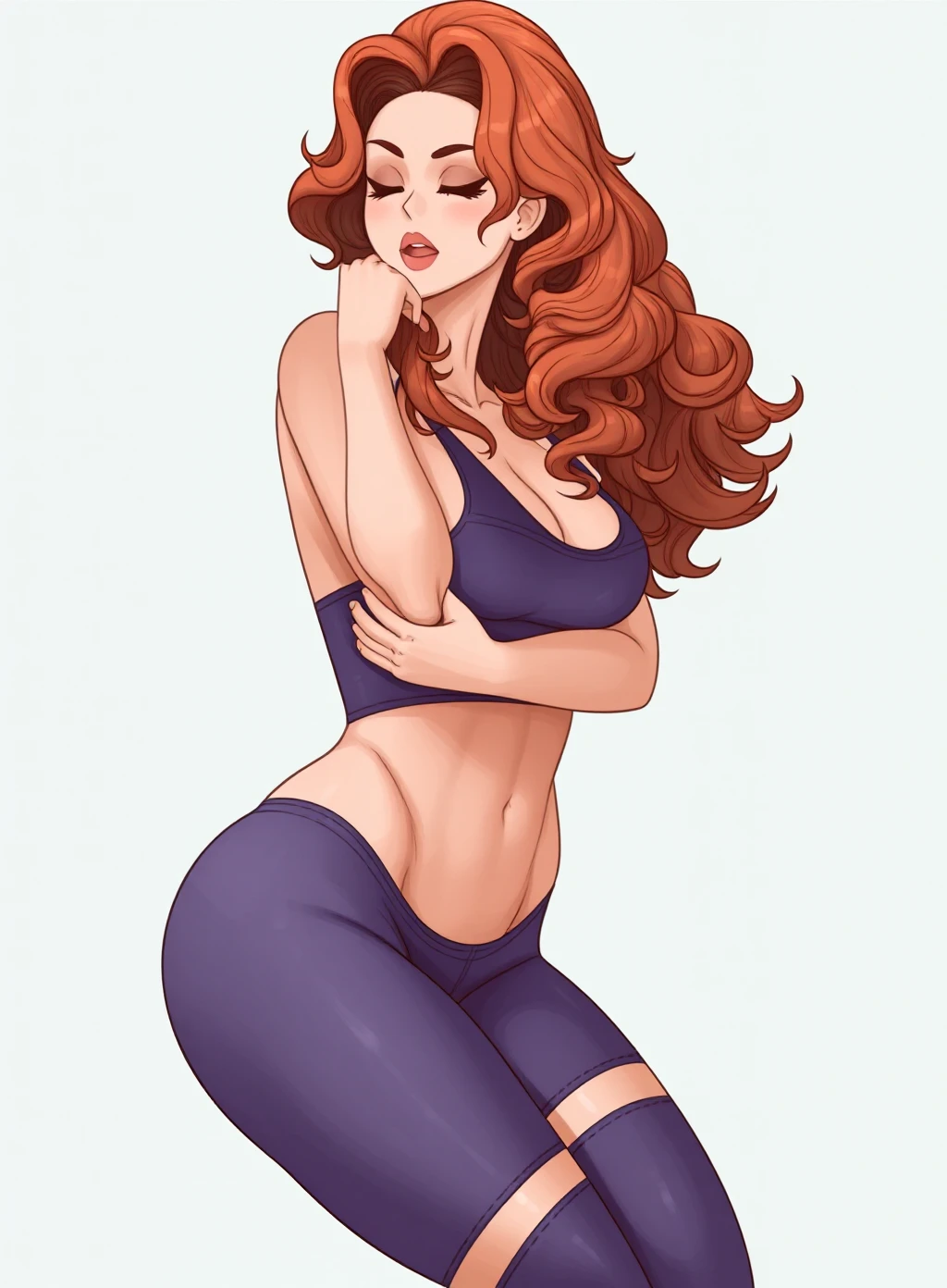 (masterpiece, best quality)), ((((perfect anatomy)))), Curvy Latina with long red hair, dark eyeshadow, dark red lipstick, white bra, (((white cotton panties))), purple robes, (((photo realistic)))