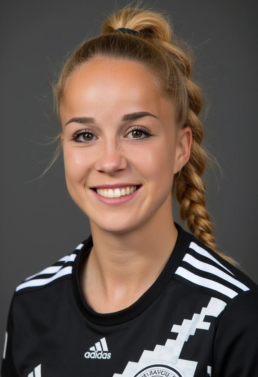 a professional portrait photo of giuliagwinn. Her long blonde hair is tied to a braided ponytail. She has blue eyes. She is smiling, showing her teeth. She is wearing a black and white shirt of the German national soccer team. The portrait is lit by professional studio lighting with some hard shadows. 