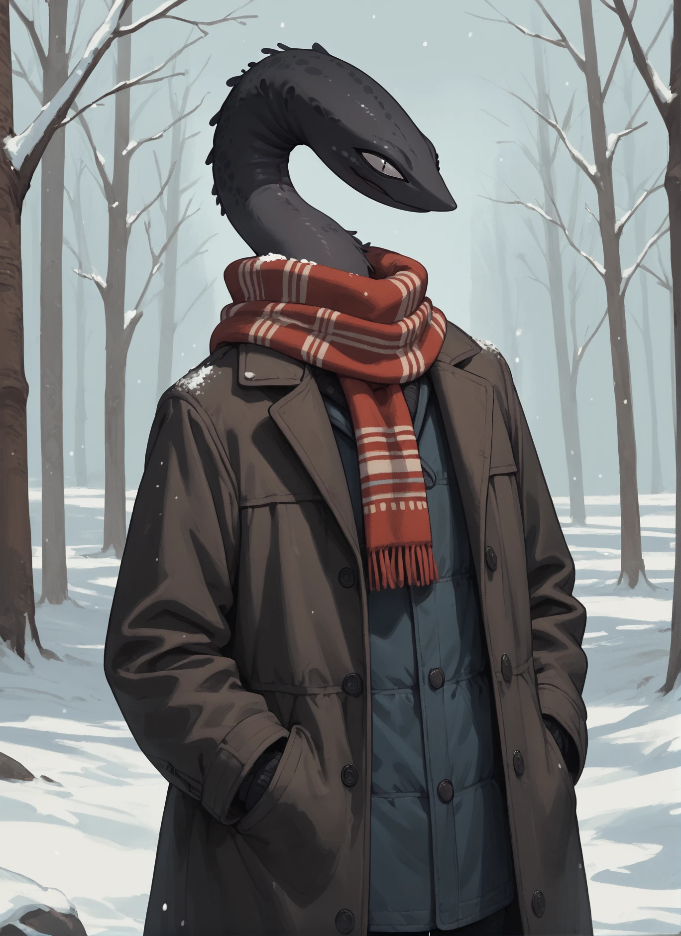 score_9_up, score_8_up, score_7_up, score_6_up, 
 <lora:Squellac_species_XL_v2:1> squellac, alien, black body, scarf, coat, hands in pockets, long neck, winter,