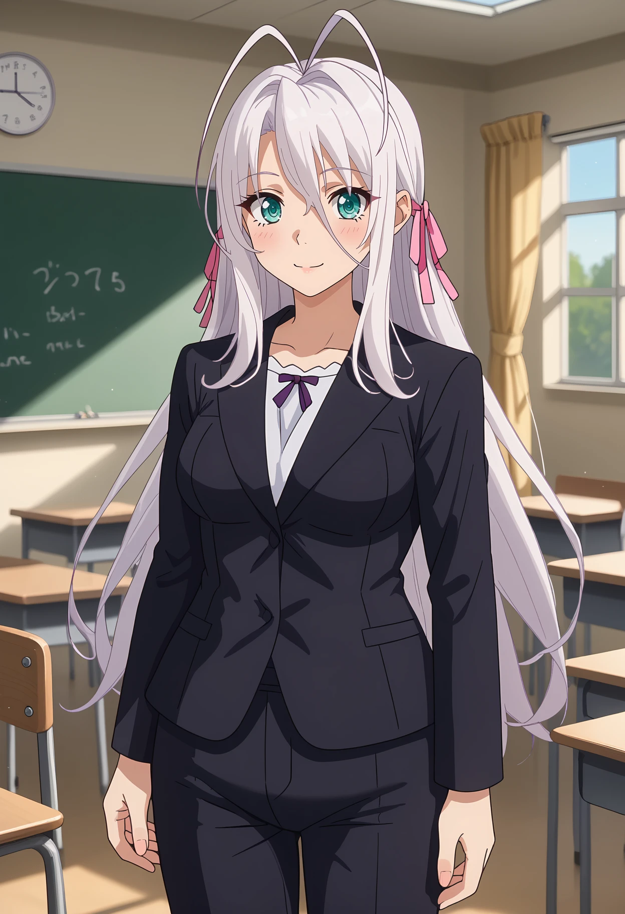 score_9,
<lora:HighschoolDxD_RossweisseXL:0.8>,
1girl, solo, closed mouth, light smile, light blush,
long hair, white hair, antenna hair, aqua eyes, hair ribbon, pink ribbon,
RossweisseSuit, black suit, black pants,
standing, looking at viewer,
blurry background, indoors, classroom