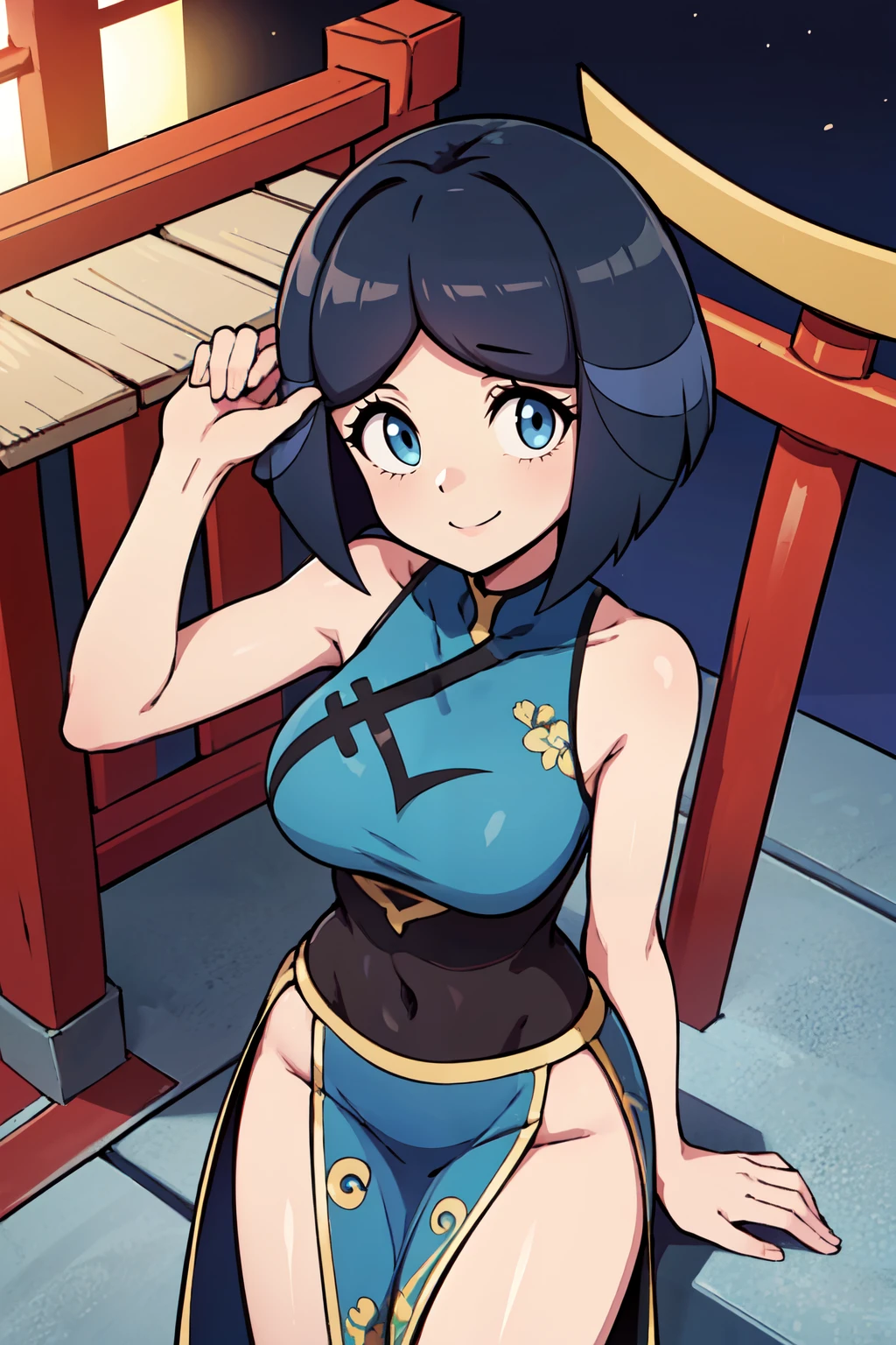 ((masterpiece,best quality)), absurdres,  BREAK, , <lora:Evelyn_Pokemon:0.8>, zzEvelyn, blue eyes, blue hair, short hair, bangs, , BREAK,  china dress, pelvic curtain, side slit, sleeveless, print dress, covered navel, no panties, outdoors, night, torii, shrine, east asian architecture, leaning forward, hand on own thigh, from above,, BREAK, solo, smile, looking at viewer, cowboy shot,