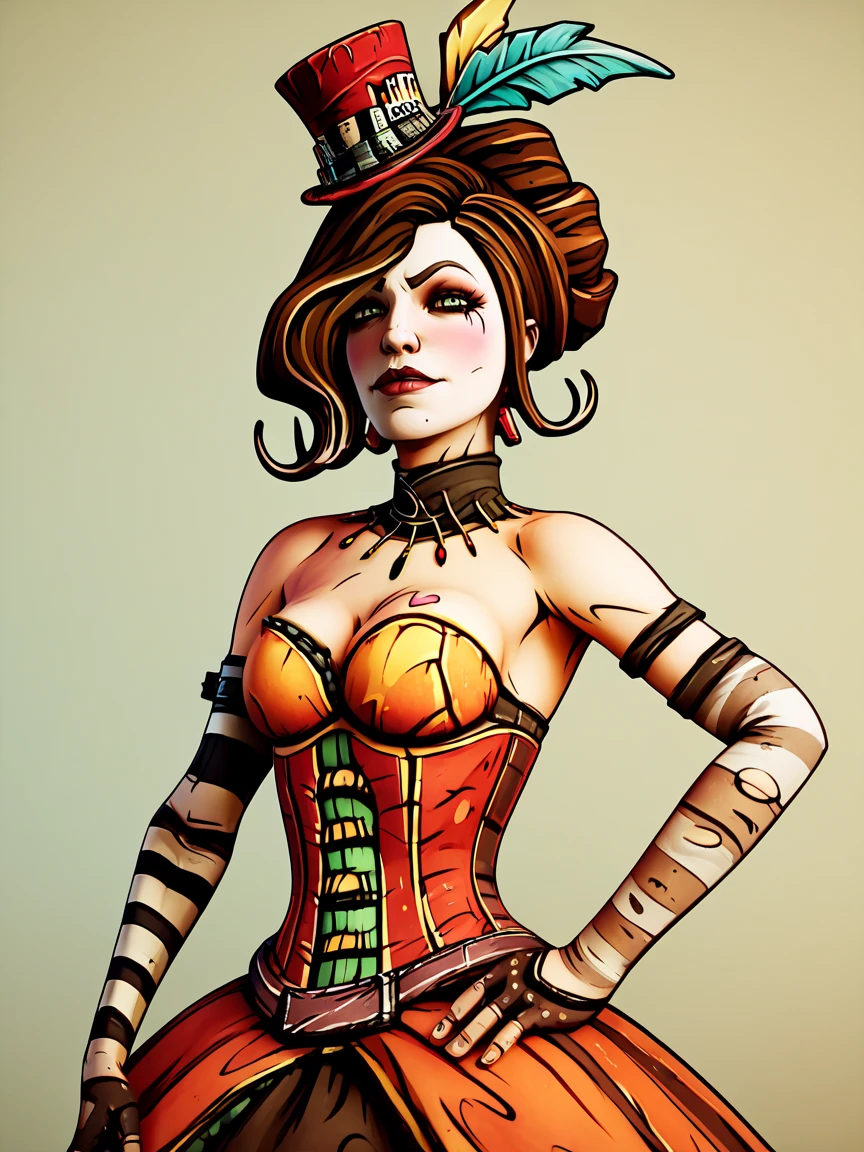 score_9, score_8_up, score_7_up, score_6_up, score_5_up,  <lora:borderlandsXLP:1> borderlands, 1girl, brown hair, corset, hat