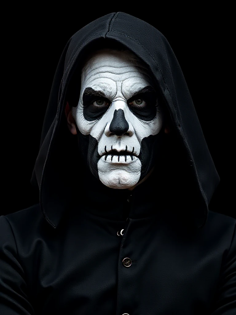 Papaem, MALE FOCUS, skull facepaint, mitre, Papa II, portrait, black star wars sith clothes, black background, 8k photography <lora:Papa_Emeritus_Flux:1>