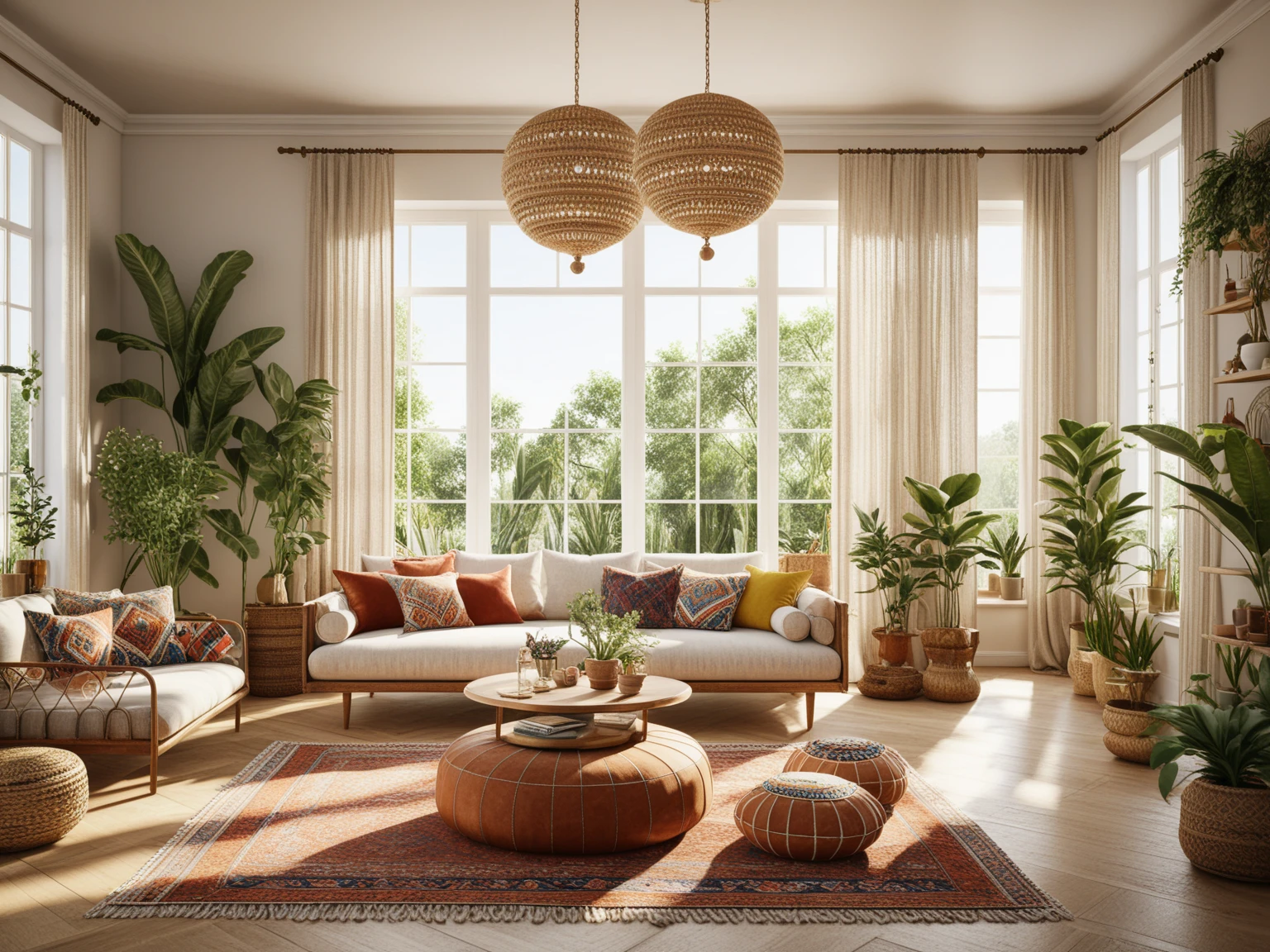 Bohemian style, interior design, drawing room, indoor light, natural light, clear tone, High resolution, C4D,UE5,realistic, 
