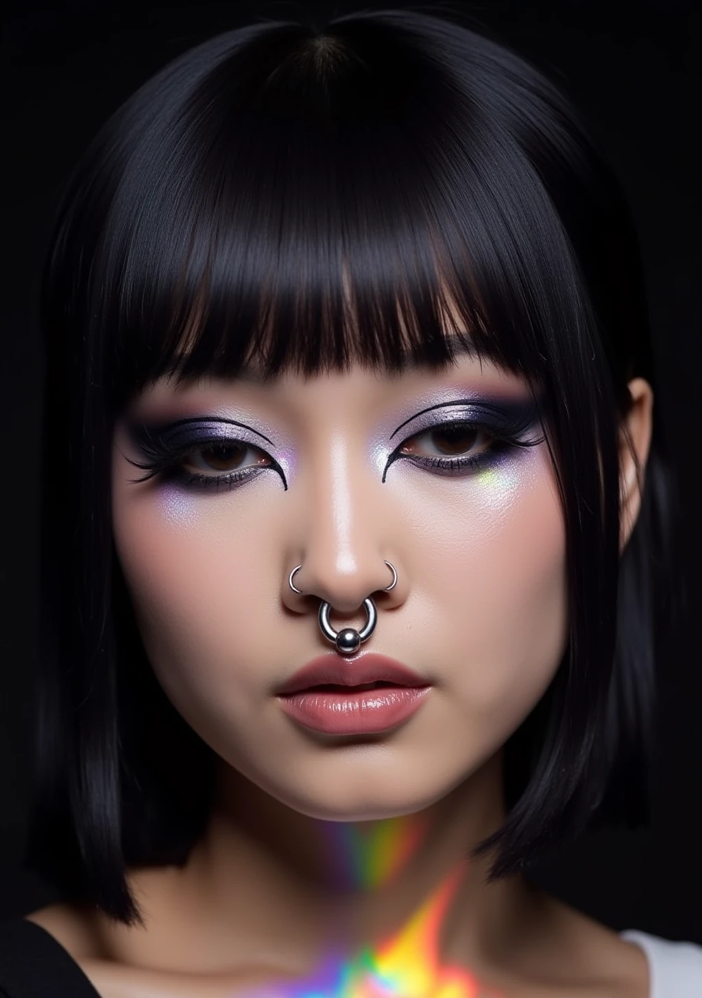 A striking and futuristic close-up portrait of a young asian woman with fair skin and sleek, straight black hair that falls just above her shoulders. Her makeup is bold and avant-garde, featuring dark, glittering eyeshadow with a shimmering, multi-colored effect that covers her eyelids and extends beyond them. She wears a compact silver ChunkySeptum ring in her septum, and a pair of symmetrically placed silver snakebite rings in her lower lip labret piercings. A soft, rainbow-colored light refracts across her cheek, adding a surreal and ethereal element to the image. Her lips are slightly parted with a soft, nude lip color, and the expression is calm yet intense. The background is dark and minimalist, allowing the vibrant makeup and light effects to stand out prominently. The lighting is soft and even, creating a polished and high-fashion atmosphere.
