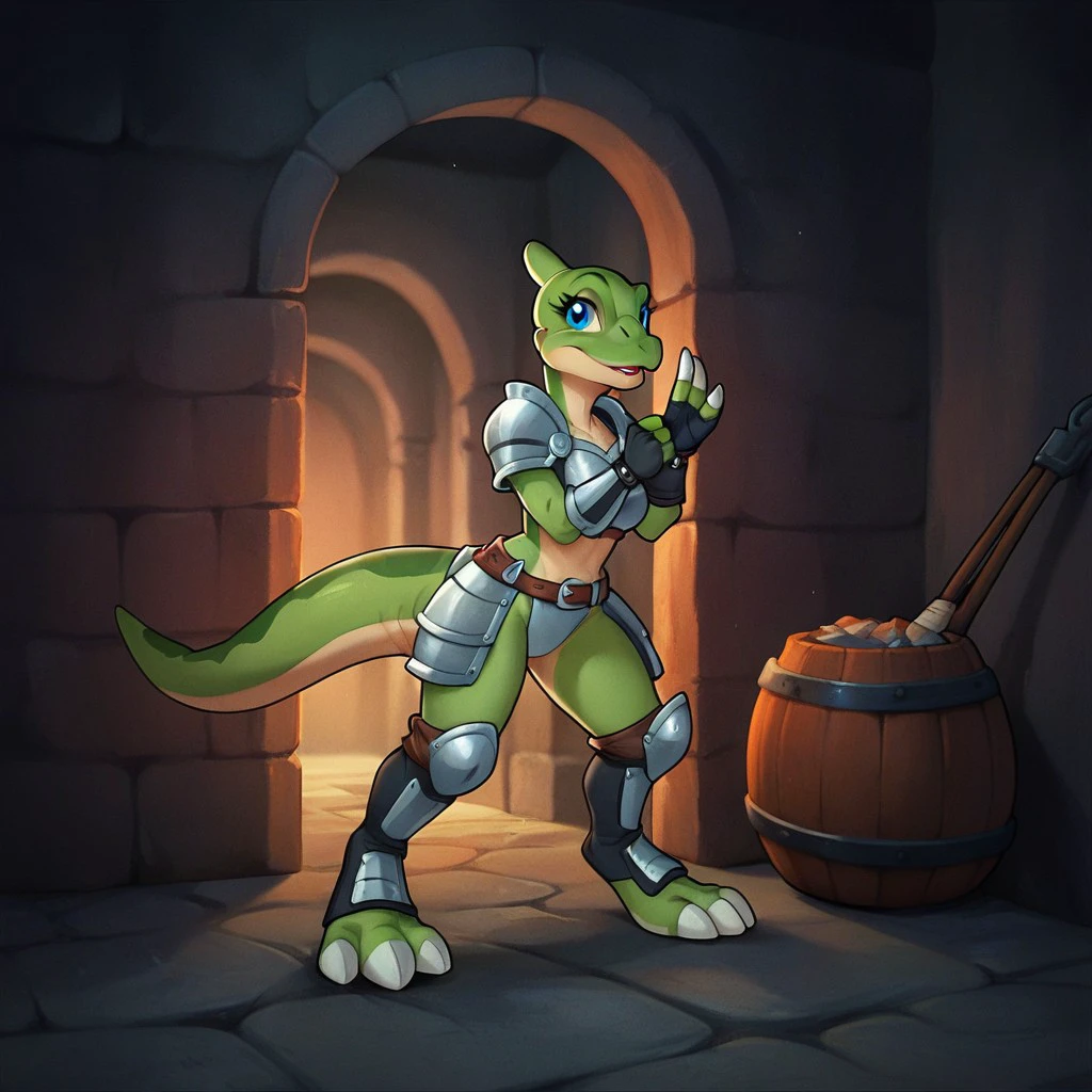 score_9, score_8_up, score_7_up, score_6_up, source_furry, Duckylbt, anthro, female, Saurolophus, dinosaur, scalie, green skin, blue eyes, wearing armor, in a dungeon, <lora:d0137ffa-0563-4d91-942f-6f6de11dcdd1:0.7>