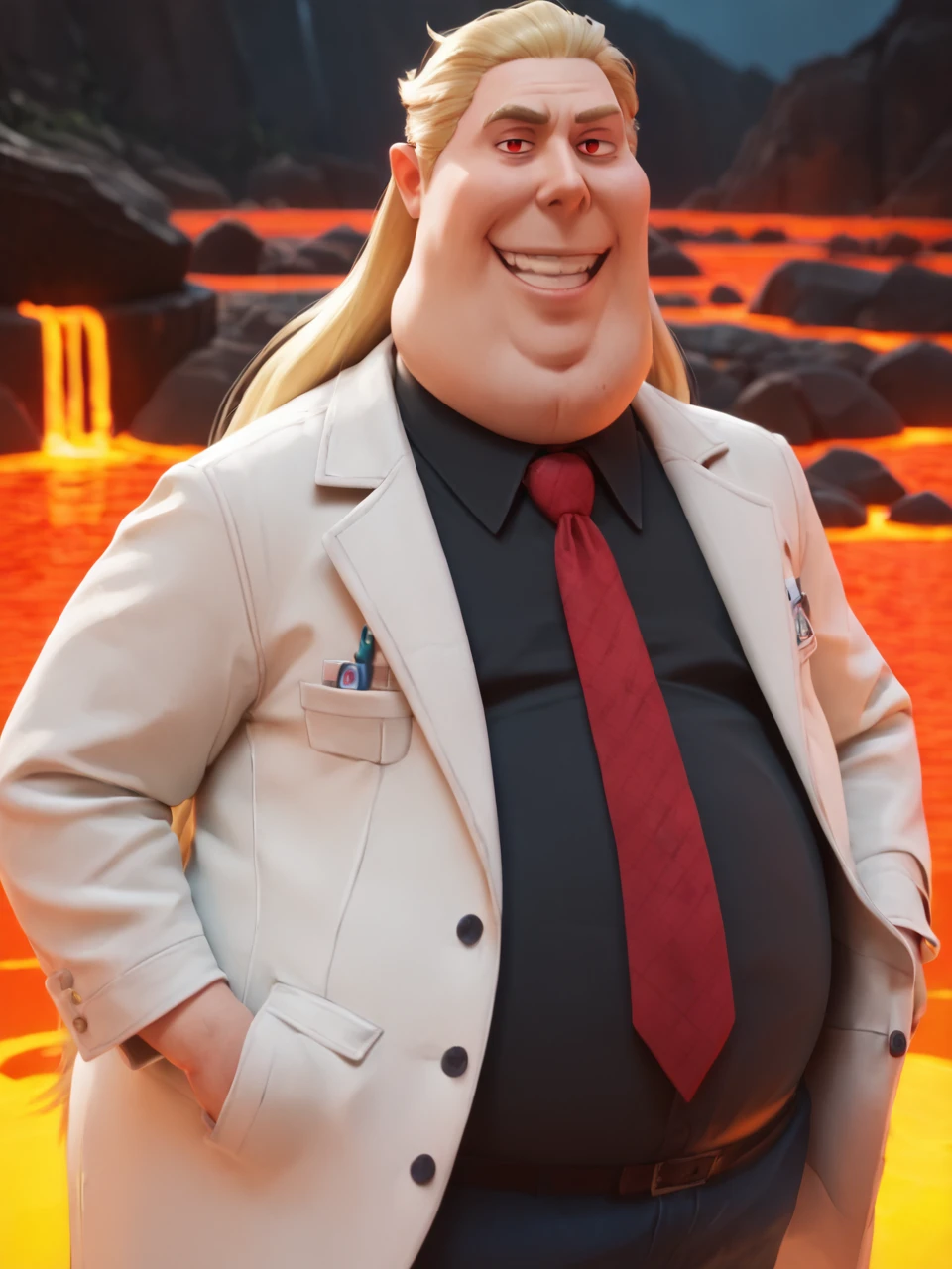 score_9, score_8_up, score_7_up,  score_6_up, BREAK, Silasbottom, 1boy, solo, blonde hair, very long hair, fat, fat man, red eyes, black shirt, white jacket, red necktie, evil smile, looking at viewer, lava river <lora:Silas_Ramsbottom:0.7>