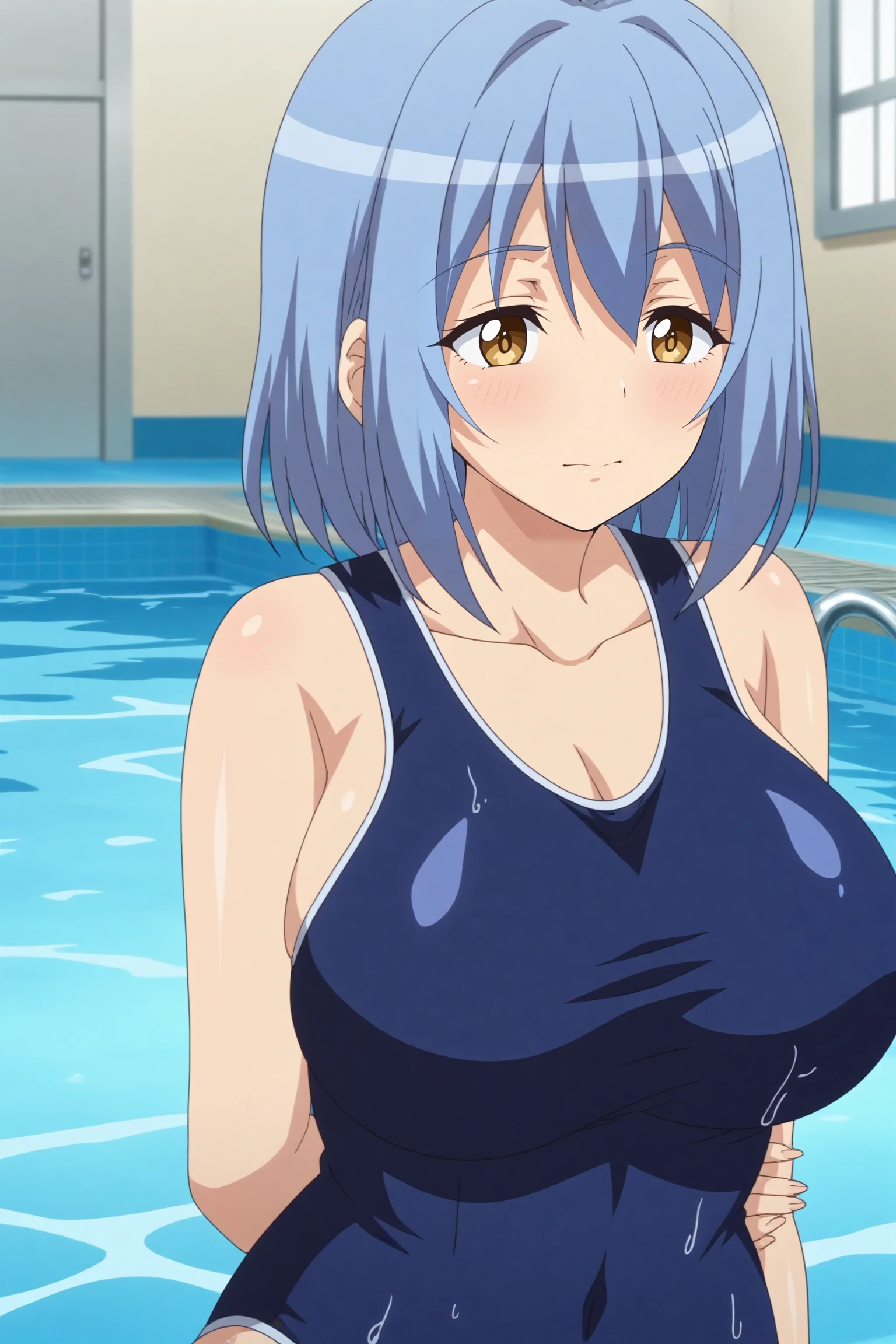best quality, high resolution, 〚(anime screencap), anime colored, 2d, anime cels, big eyes, poolside, 1girl, Minazuki Karen, (gigantic breasts:1.4), blue competition swimsuit, orgasm, nose blush, (embarrassed), looking at viewer, cowboy shot, sitting, from above