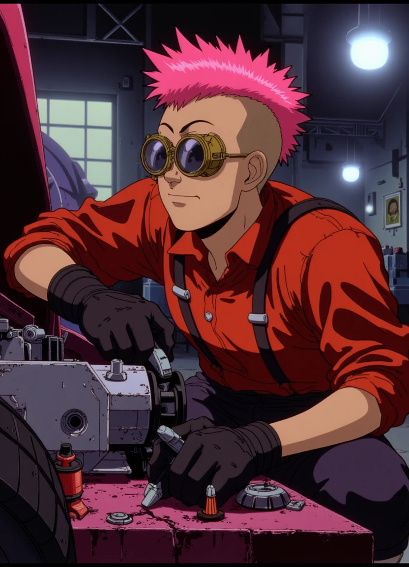 akira_style, close up headshot of an adult man with pink punk mohawk and steampunk goggles, working on a car in a mechanic's workshop