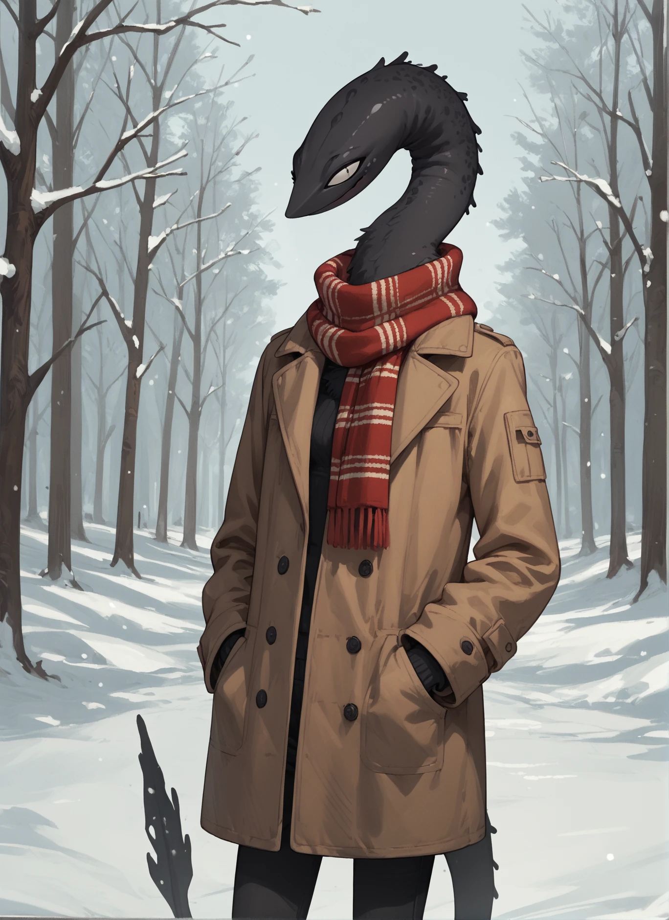 score_9_up, score_8_up, score_7_up, score_6_up, 
 <lora:Squellac_species_XL_v2:1> squellac, alien, black body, scarf, coat, hands in pockets, long neck, winter, slim, breasts,