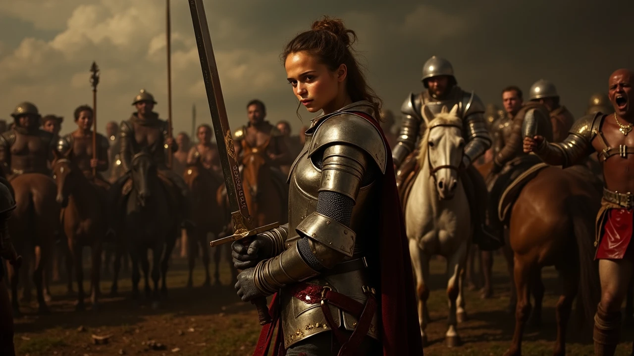 a baroque oil painting featuring al1v1k as a medieval female knight who stands proudly, dressed in light leather armor. She's wielding a massive sword resting her shoulder. She's wounded and bleeding. The scene takes place on a battlefield with goblins, men, and horses. It's an 8k masterpiece with brilliant composition by Vermeer and Caravaggio.