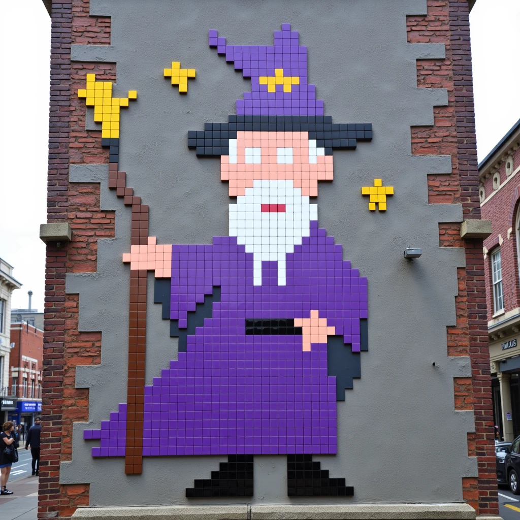 1nv4d3r mosaic, made of square ceramic tiles, street art photo of an industrial building in a city, large. A wizard wearing a purple robe and hat and holding a magical staff with stars in the background. Each square tile is a single color and perfectly square shaped