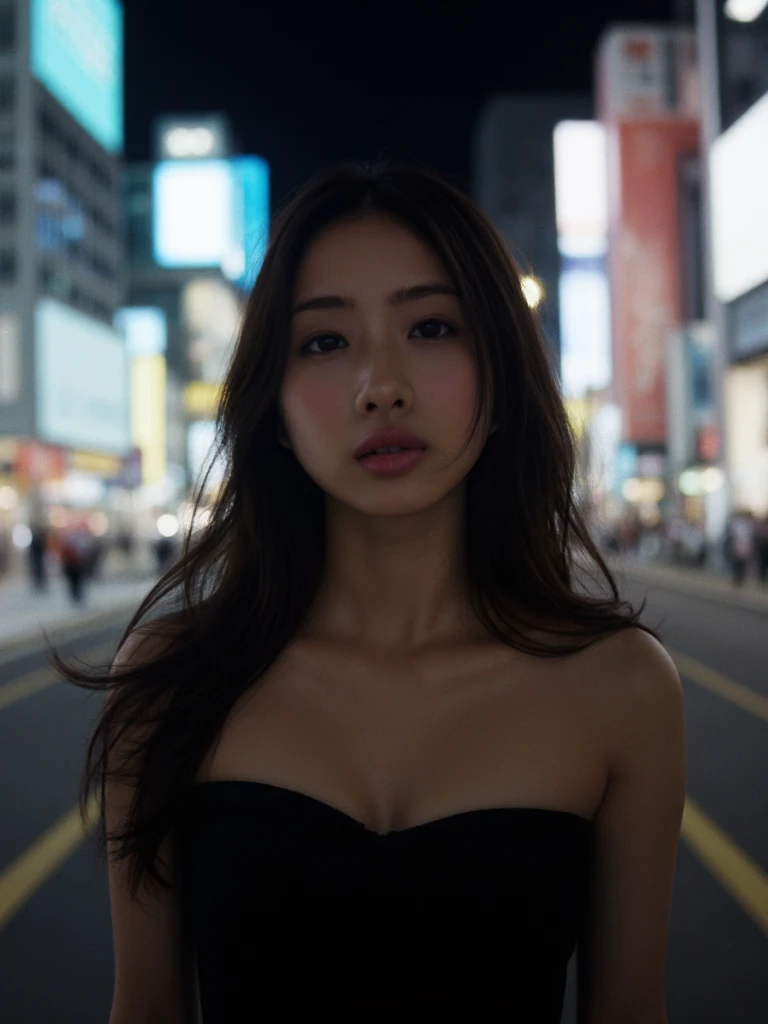 A very detailed portrait of satish woman standing at shibuya crossing at night. She is wearing an elegant black dress, that reveals her shoulders and highlights her breasts. The neon signs are colorful and vibrant in the blurry background.