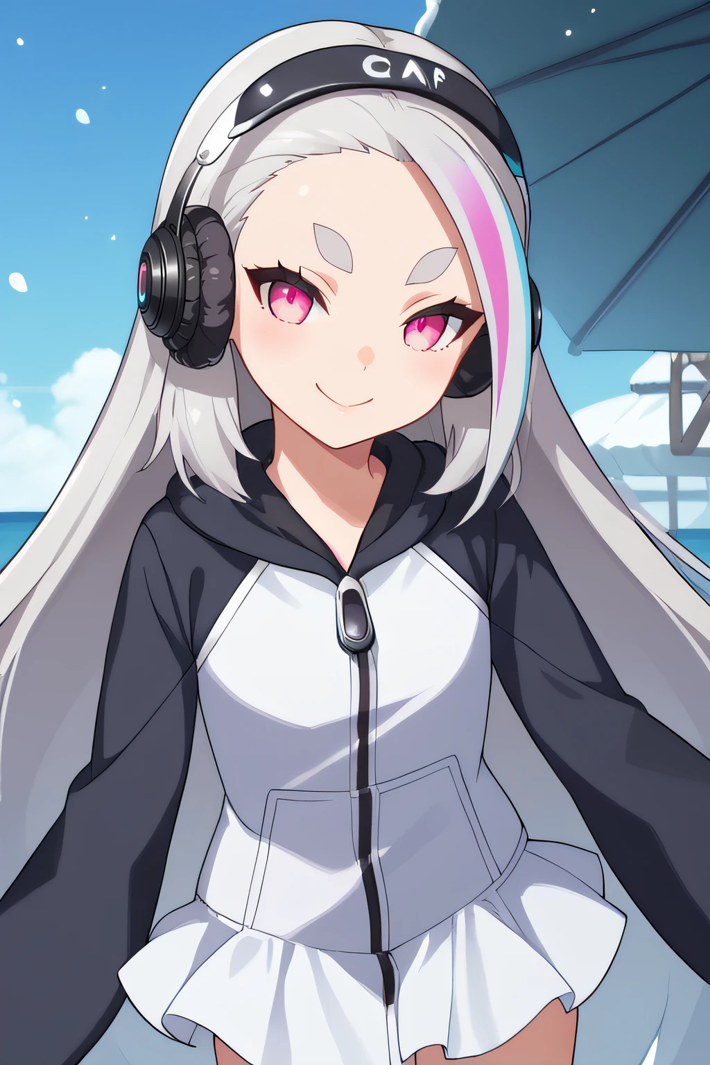 score_9, score_8_up, score_7_up, source_anime, rating_safe, intricate details, anime screencap, official style, 1girl, <lora:Giant_Penguin:1>, giapen, very long hair, grey hair, blue streaked hair, single hair intake, pink eyes, thick eyebrows, headphones, white skirt, zipper, sleeves past wrists, monochromatic sweatshirt, penguin costume, long sleeves, cowboy shot, naughty face, smile, looking at viewer, outdoor, snowfall