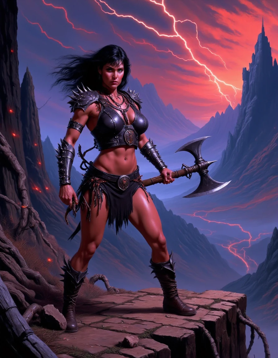 <lora:80s_dark_fantasy:1>,Dark fantasy scene in the 1980s style, featuring a fierce female warrior with a strong, athletic build, standing atop a craggy cliff overlooking a shadowy, mystical forest. She has long, wild black hair flowing in the wind, and her piercing eyes glow with a supernatural intensity. She wears a tattered, form-fitting leather armor adorned with spikes and ancient symbols, and wields a double-edged battle axe that gleams with an eerie light. The sky above is a swirl of dark clouds and lightning, casting an ominous glow over the landscape. The forest below is dense with twisted, gnarled trees and faint, ghostly lights flickering between the branches. The color scheme is dominated by deep reds, purples, and blacks, creating a moody and menacing atmosphere. The overall style evokes the gritty, intense imagery of 1980s fantasy art, with a powerful, heroic figure at the center, ready to face whatever dark forces await.