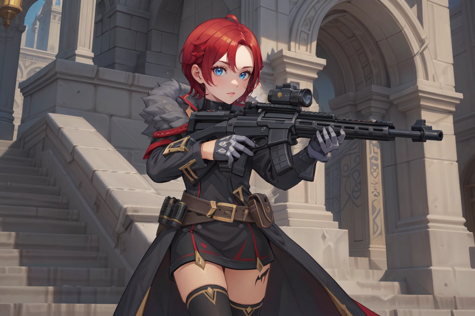 (masterpiece, best quality, beautiful and aesthetic:1.3),
rom_tyrant, 1girl, solo, short hair, fur trim, holding gun, assault rifle, cowboy shot, leg tattoo, black legwear, long dress, 
shiny skin, beautiful face, beautiful eyes, extreme detailed, official art, professional illustration, hires,
 <lora:rom_tyrant-10:0.7>, <lora:add_detail:0.5> <lora:9k GUN:0.3>