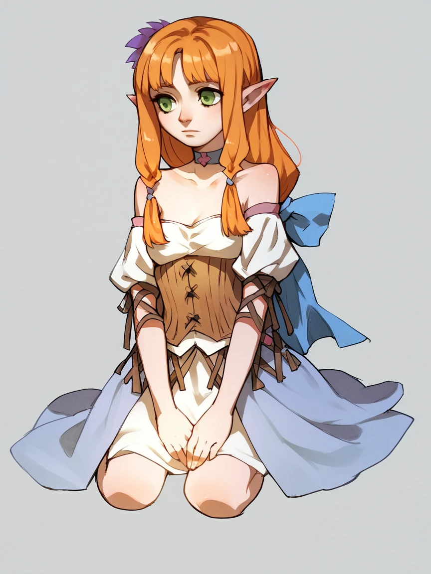 score_9, score_8_up, score_7_up, score_6_up, score_5_up,   <lora:ceciliaXLP:1> cecilia, green eyes, pointy ears, 1girl, solo, long hair, orange hair, corset, bare shoulders, choker, dress, full body