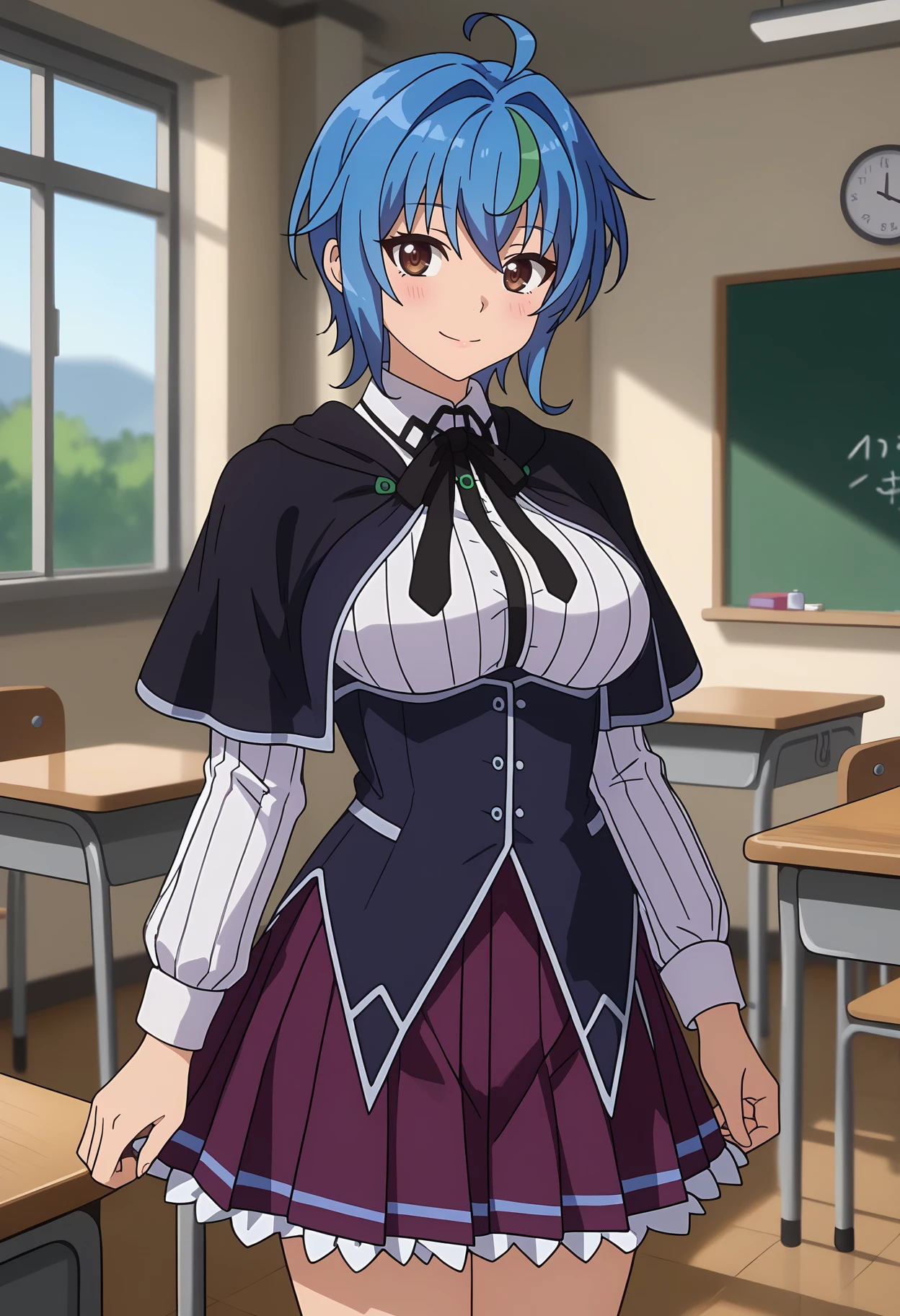 score_9,
<lora:HighschoolDxD_XenoviaQuartaXL:0.8>,
1girl, solo, closed mouth, light smile, light blush,
short hair, streaked hair, blue hair, green hair, brown eyes, ahoge,
XenoviaSchool, black capelet, striped shirt, white shirt, neck ribbon, black ribbon, long sleeves, black corset, buttons, pleated skirt, frilled skirt, purple skirt
standing, looking at viewer,
blurry background, indoors, classroom