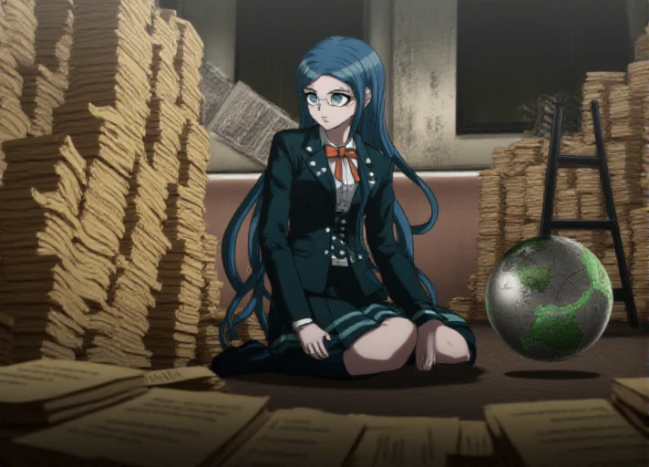 <lora:Tsumugi_Shirogane:1.3> This anime screencap is from Danganronpa the Animation. Tsumugi Shirogane wearing her uniform from Danganronpa V3. Tsumugi Shirogane has knee-length teal-blue hair parted in the center which is straight and smooth at the base and gradually splits into waves near the tips. Her eyes are large, round, and are a soft teal-green color. Tsumugi wears round, rimless glasses with white temples. Tsumugi's Danganronpa V3 school uniform consists of a white blouse with an orange bow tied at her collar underneath a two-button, pocketed, teal-black school blazer adorned with two silver buttons on each lapel and a single button on each gorge. She wears a knee-length teal-black pleated skirt with two dark teal stripes lining the hem. Her legwear consists of dark navy knee-length socks and teal-gray loafers. The setting is Danganronpa V3's library. The library is covered in mostly yellowed books. The room appears to be dimly lit, and the walls are filled with books on bookshelves. There are two more shelves of books to the right of the library behind the large stack of books, and a set of shelves in the background and to the left. A large air vent is directly above the book shelf. There is a black ladder against the book shelves on the right side of the image. A metal shot put ball is sitting next to the ladder. Tsumugi is sitting on one of the step of the ladder and looking at the shot put ball with a sinister grin. There are several stacks of books on the floor. In front of the large stack of books at the front of the room, there is a metal globe of the world with green lighting pulsing around it. The top of the globe has a metal ring that goes around it and which extends to the floor to hold the globe up. The background of the room is gray and it appears to be poorly lit, with only a small light source illuminating the room.