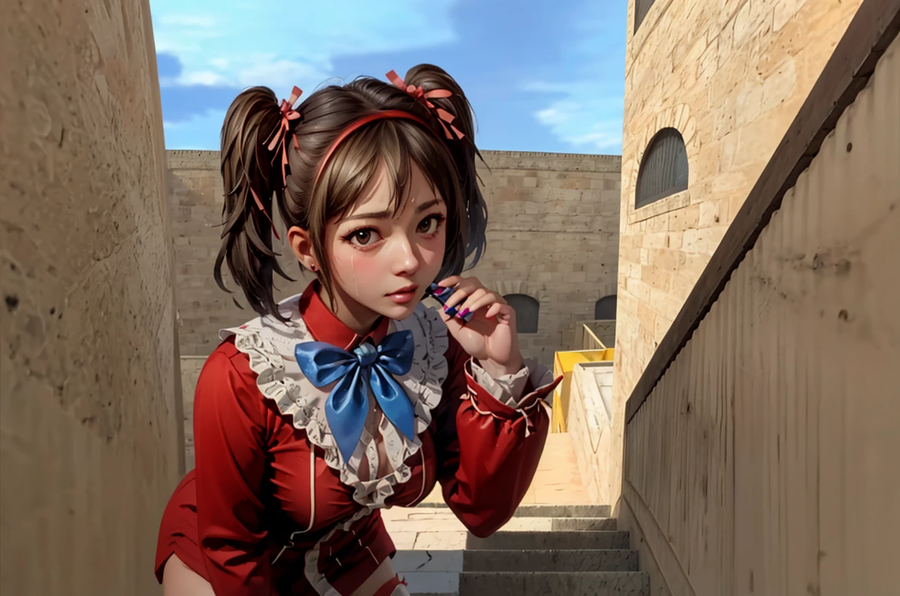 ((close-up)), ((de_dust2)), counter strike, holding handgun, sniper rifle, 1girl, red dress, short dress, bowtie, red long sleeves, parted lips, sweat, lunge, no pants, bridal garter, frills, nail polish, twintails, ribbon, sky, door, slope, alley, rooftop, outdoors, wooden box, facing viewer, on stairs, <lora:girlhatede_dust2:0.9>, <lora:GAME_CounterStrikeOnline_Yuri_ownwaifu:0.5>