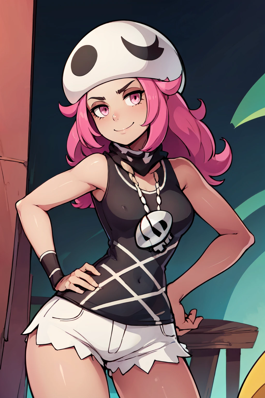 ((masterpiece,best quality)), absurdres,  BREAK, , <lora:Skull_Grunt_Pokemon:0.8>, zzSkullGrunt, pink eyes, pink hair, long hair, dark skin, white hat, bandana, sleeveless, black shirt, white short shorts, , BREAK, hip to the side, hand on hip, contrapposto,, BREAK, solo, smile, looking at viewer, cowboy shot,