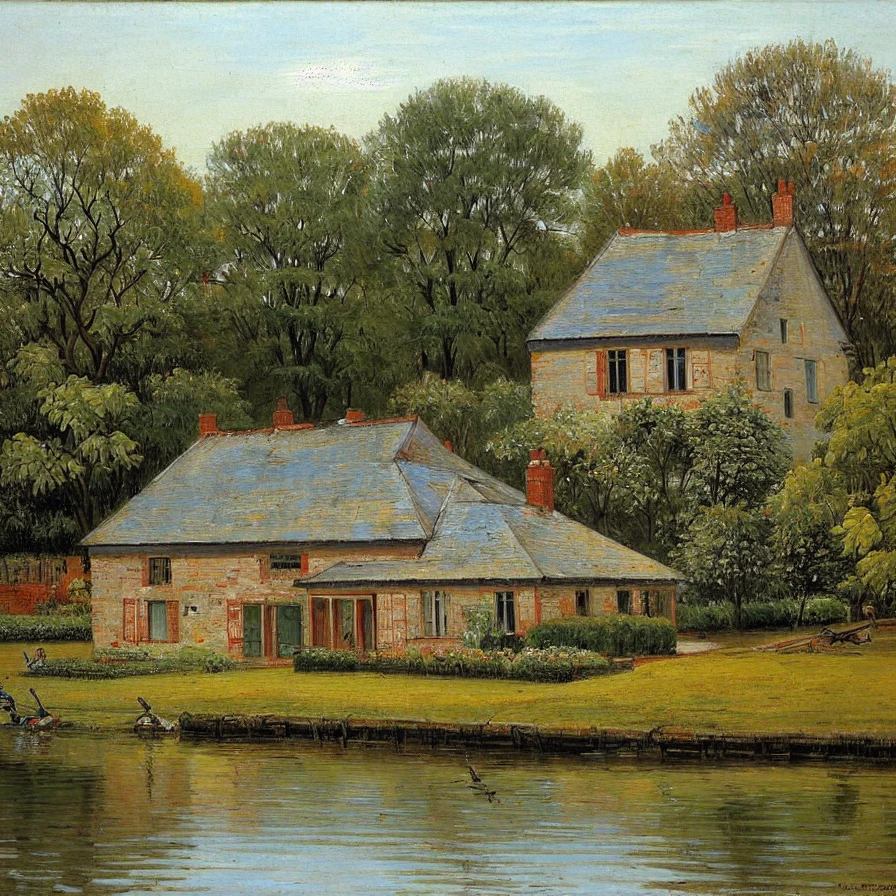 <lora:VanGogh-sd15-justosious:0.3>,vangoghv1sd15, brick house in the middle of a pond, oil art,