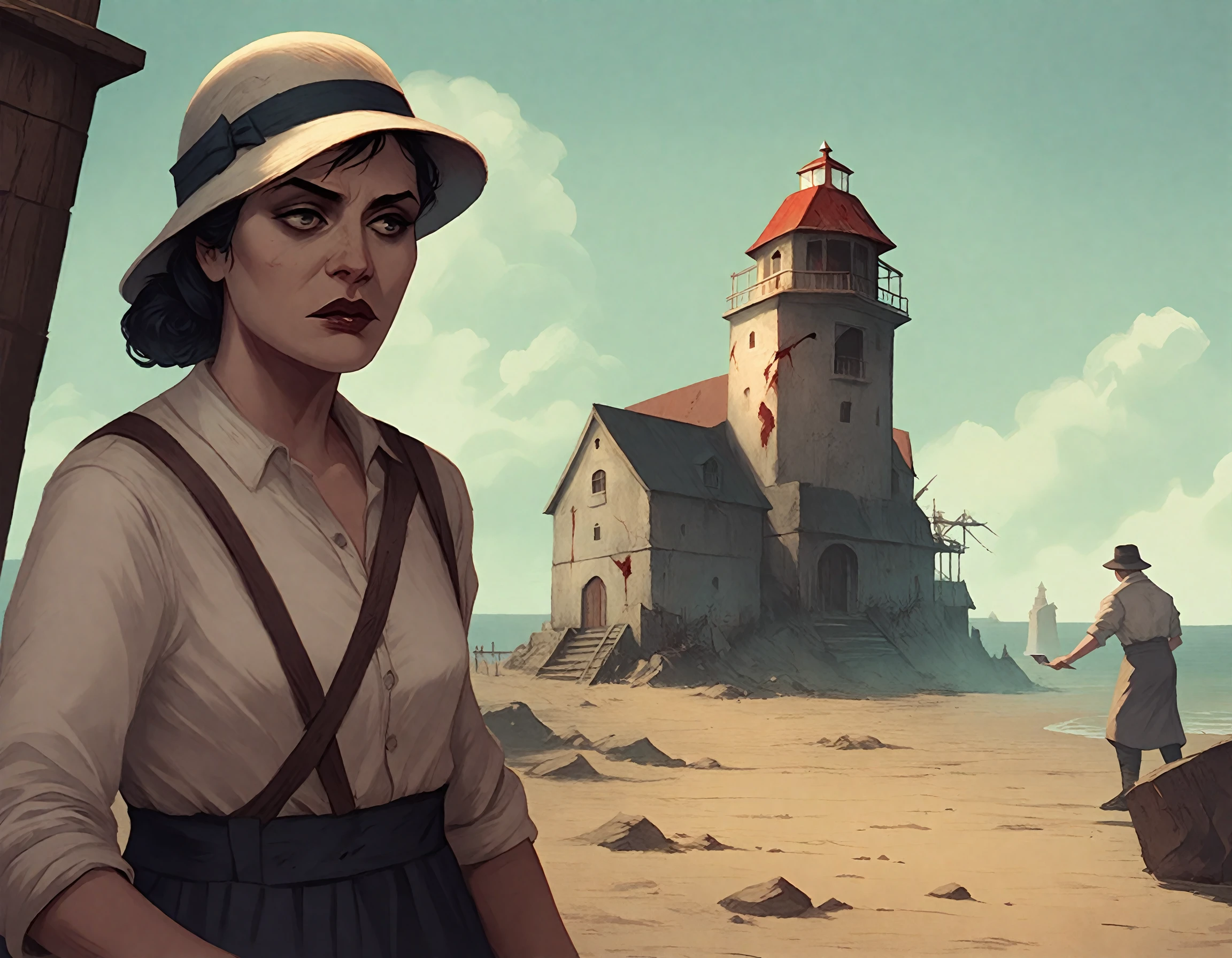 <lora:arkham_pony_j2:1>  art by "arkham horror lcg",  desolate lighthouse, score_9, score_6_up, score_7_up