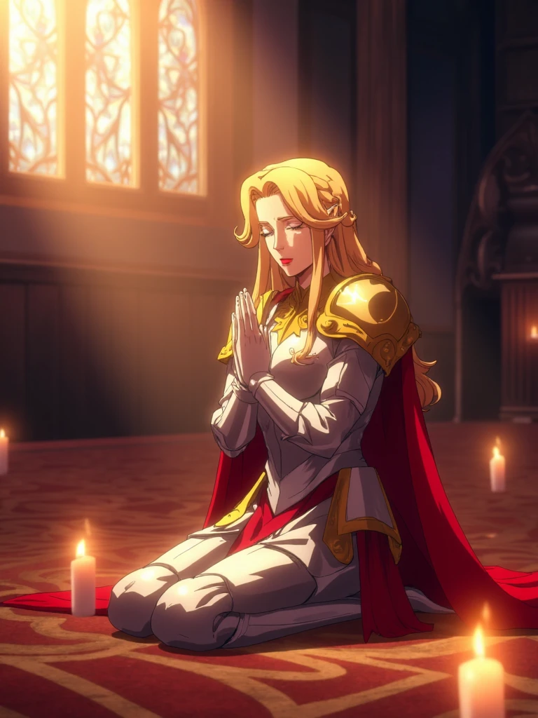 ntflxcstlvn style, anime screencap, distant shot of paladin woman in ornate armor and red cape praying on her knees, closed eyes, ornate silver armor with big golden shoulder pads, blonde hair with longe single braid, beam of light falls on her body, light made caustic effects because of stained glass windows and dim glowing candles, <lora:SXZ_Castlevania_Flux:1>