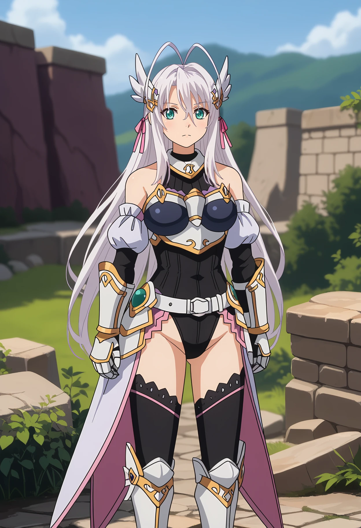 score_9,
<lora:HighschoolDxD_RossweisseXL:0.8>,
1girl, solo, closed mouth,
long hair, white hair, antenna hair, aqua eyes, hair ribbon, pink ribbon,
RossweisseValkyrie, hair ornament, bare shoulders, breastplate, black leotard, gauntlets, faulds, white belt, black thighhighs, greaves,
standing, looking at viewer,
purple sky, blurry background, outdoors, stone, scenery