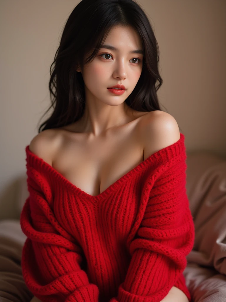 girl,sexy,red off shoulder sweater