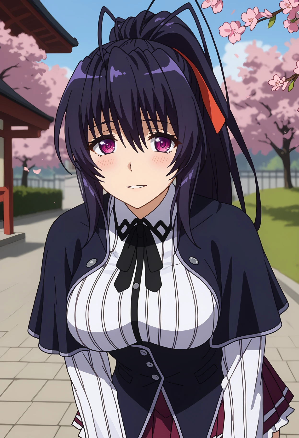 score_9,
<lora:HighschoolDxD_HimejimaAkenoXL:0.9>,
1girl, solo, parted lips, light smile, light blush,
high ponytail, long hair, black hair, purple eyes, antenna hair, hair ribbon, red ribbon,
HimejimaAkeno, black capelet, striped shirt, white shirt, neck ribbon, black ribbon, long sleeves, black corset, buttons, pleated skirt, frilled skirt, purple skirt,
standing, leaning forward, looking at viewer, cowboy shot, thigh gap,
blurry background, outdoors, school, cherry blossoms