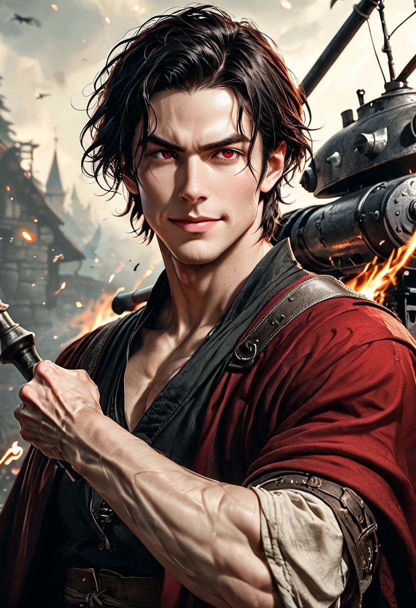 1boy, Darius Dusk,  slightly wavy, short hair, jet black with a natural shine, neatly styled but slightly tousled at the ends, medium height, lean and muscular build with defined shoulders and arms, red eyes,  sharp angular face with a prominent jawline, pale skin, smooth skin, Southern European, faint stubble on the chin and along the jawline, 
subtle veins visible under the pale skin, especially near the eyes and hands,
solo,
flirty expression, secuctive smile, handsome, charming, warrior, simple charm,
detailed background, indoor, medieval smith, smithing, indoor, smithery, swinging hammer, hot iron,  dynamic pose,