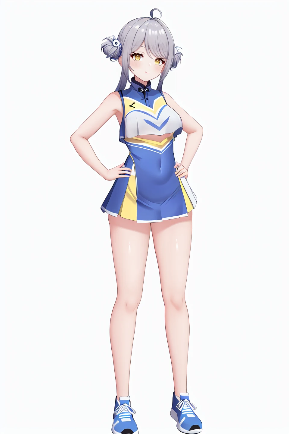 8k, best quality, masterpiece, (ultra-detailed), (white background,simple background), solo, (hands on hip:1.1), (full body:1.1), looking at viewer,
<lora:akxy-sd-Tanger-000018:0.8>, akxy, xiaohe, f1girl, ahoge, grey hair, breasts, double bun, hair bun, yellow eyes,
cheerleader,