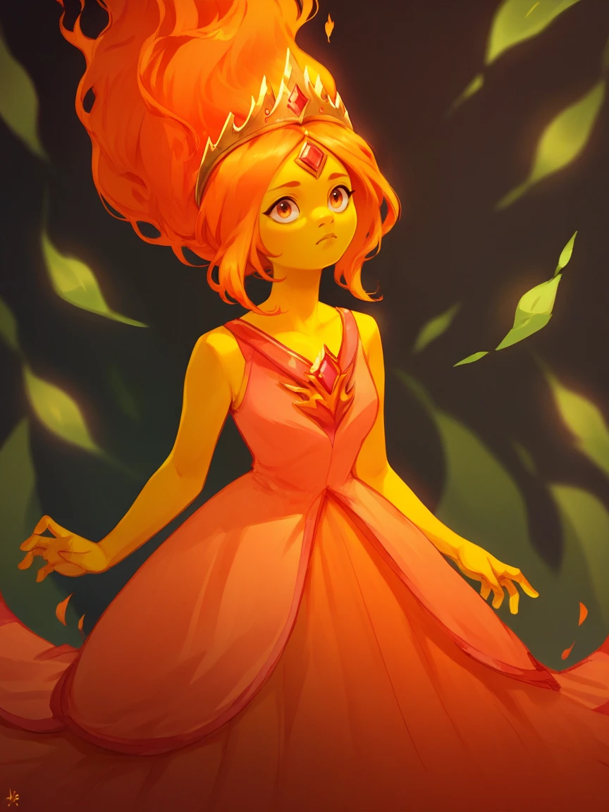 score_9, score_8_up, score_7_up, score_6_up, score_5_up,  <lora:fl4m3PXLP:1> fl4m3p, 1girl, solo, fiery hair, forehead jewel, yellow skin, orange hair, dress, crown