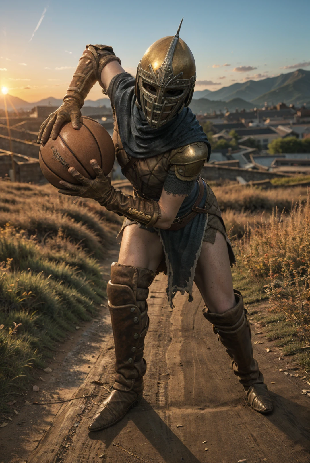 1girl,solo,armor,helmet,belt,gloves,boots,holding on basketball,looking at viewer,sunset,grass,mountain,full body,((realistic)),Highly detailed,(ultra-detailed),(best quality,masterpiece:1.5),<lora:The Elder Scrolls V Skyrim-Stormcloak Armor:0.7>,