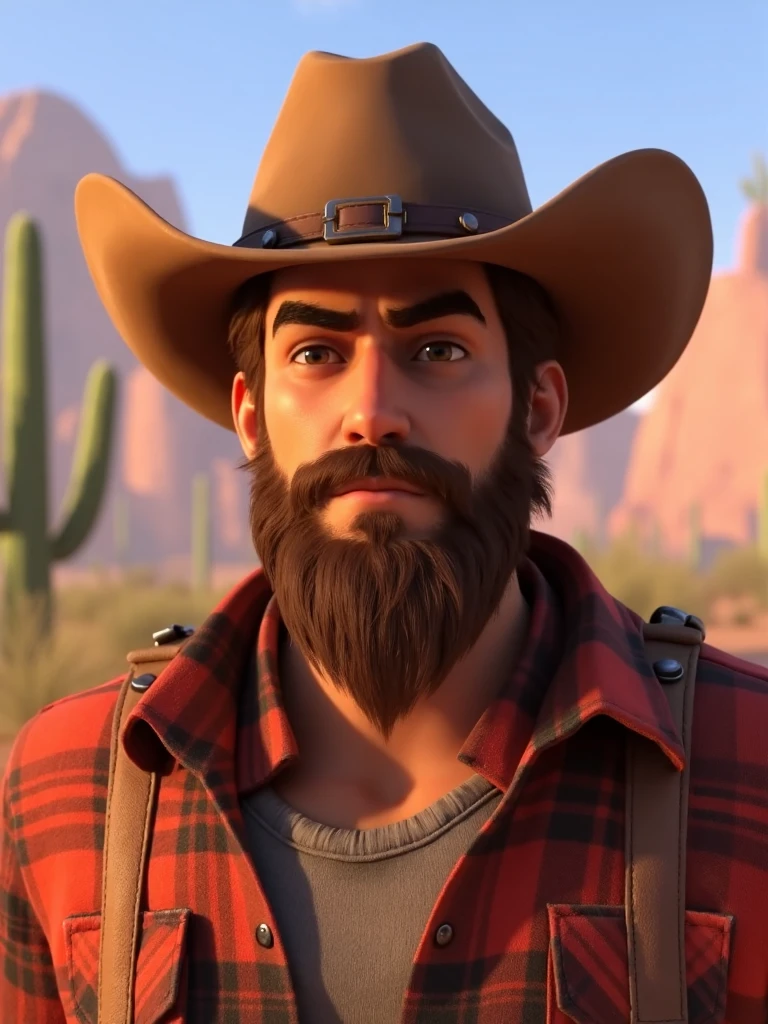 <lora:OverwatchCinematicStyle-guy90-FluxV1:1>, Overwatch Cinematic Style, an image of a rugged man with a beard and brown hair. He is wearing a cowboy hat. He is in the desert and there are cactus. He is wearing a flannel,