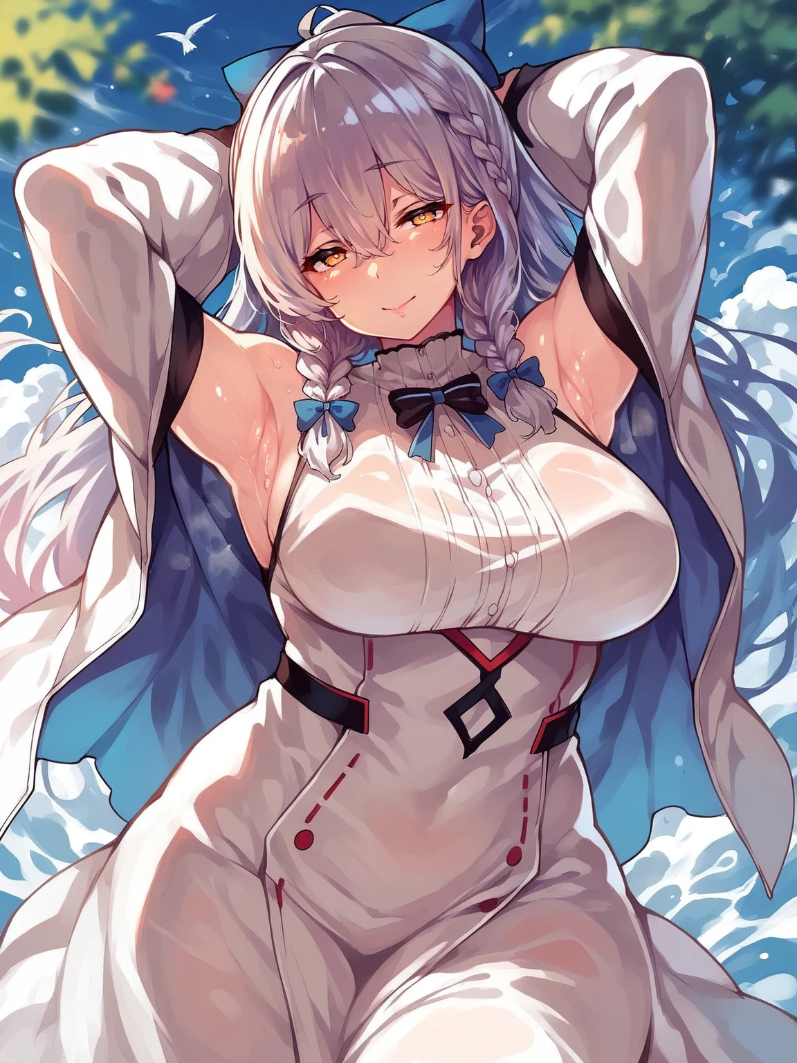 Hiiragitsumugi, Lavender Grey hair, long voluminous hair, brownish yellow eyes,11years old , , empty eyes , large breasts, nipple, Running, , Heavy snowfall area　frozen wet crying mountain Alone, Smile Naked, solo, 1girl, 