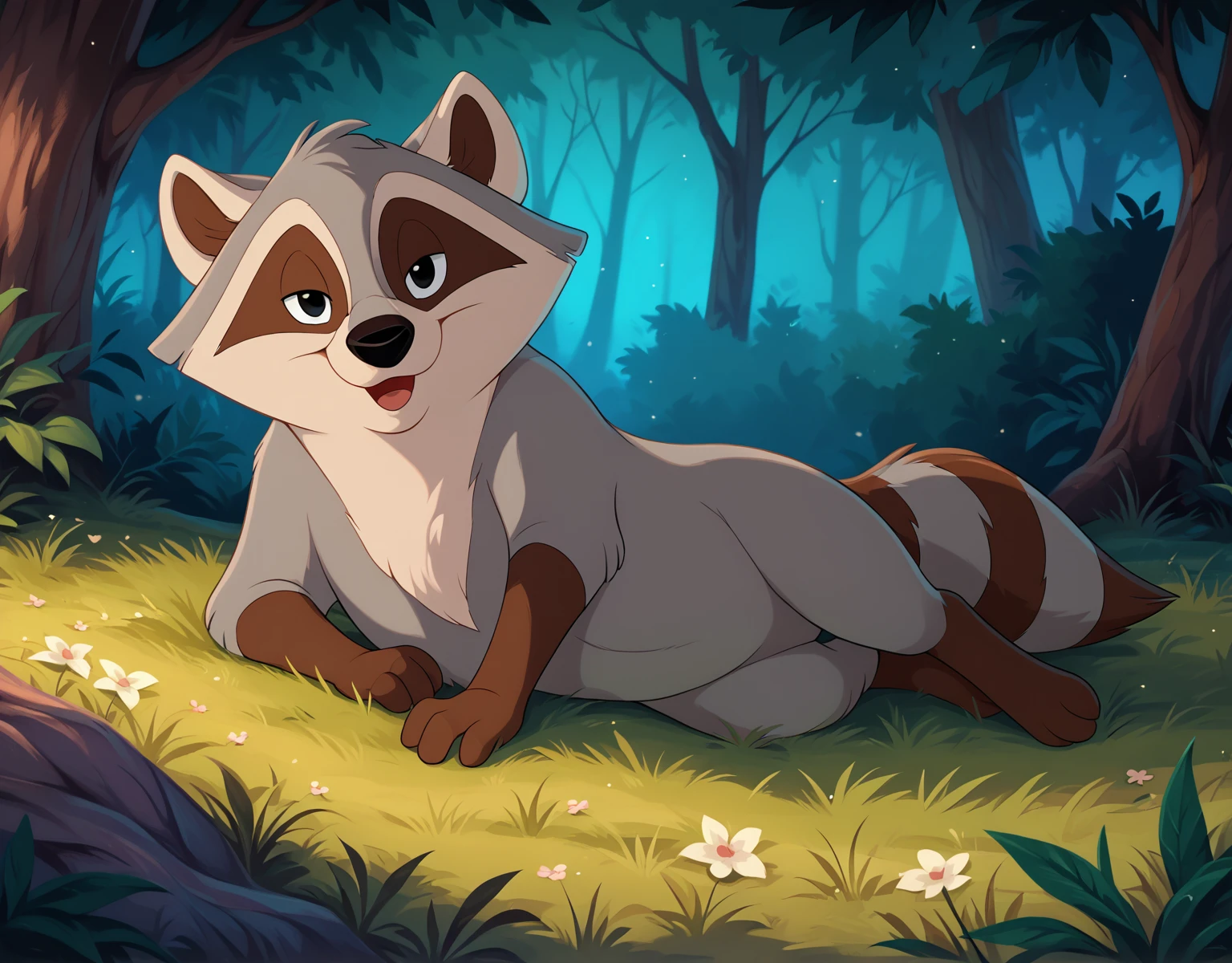 <lora:J_cartoon:0.7>, j_cartoon, <lora:MeekoXL:0.9>, meeko, Disney, score_9, score_8_up, score_8, solo, (feral), (small), male, detailed fur, (gray fur), raccoon tail, (((four fingers:1.3))), (toony eyes), (black eyes), ((looking cute)), ((happy expression)), ((mouth open)), ((looking at viewer seductively:1.6)), (((bedroom eyes))), sexy, breathtaking, cute, environmental lighting, award-winning, professional, highly detailed, ((detailed shaders)), beautiful, perfect plot, perfect hips, high quality, (small body proportions), night-time, outdoors, dark forest, ((on side)), (In grass), <lora:Furtastic_Detailer:1>,